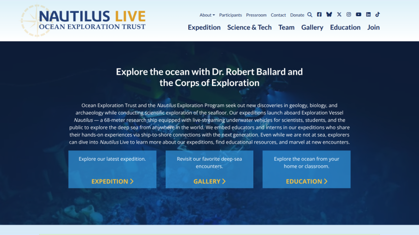 Nautilus Live ocean exploration site with header, navigation, and hero section inviting to explore Dr. Robert Ballard's ocean research