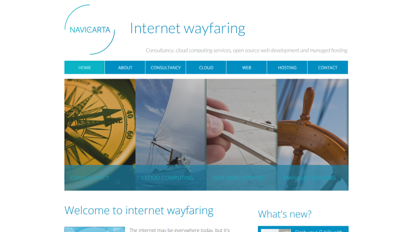 Internet wayfaring consultancy offering cloud computing, web development, and managed hosting services with navigation menu and hero images