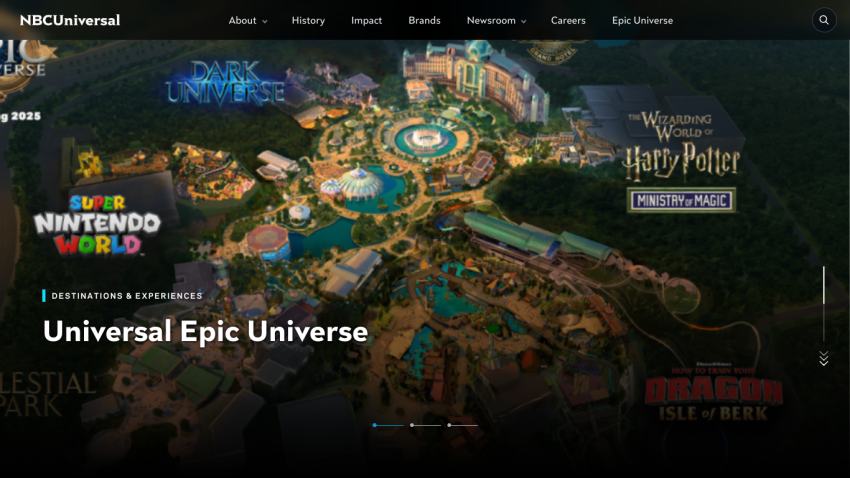 Universal Epic Universe promotional section with attractions and logos displayed.