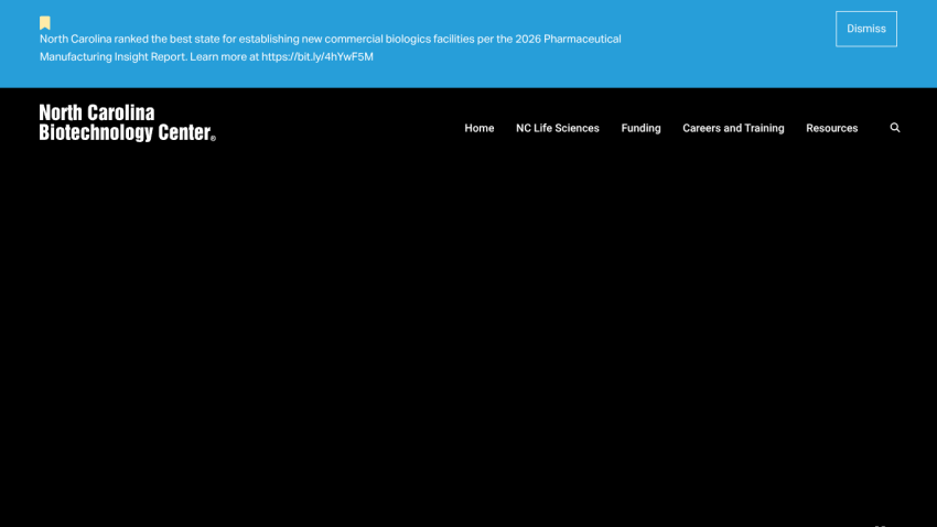 North Carolina Biotechnology Center homepage with navigation and announcement banner about commercial biologics facilities ranking