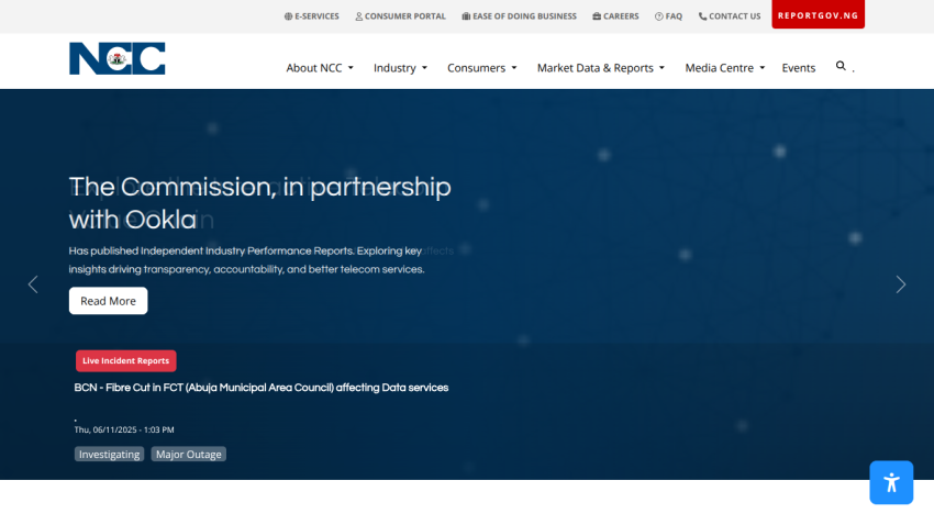 NCC website homepage showing partnership with Ookla and a call to action to read more about the partnership
