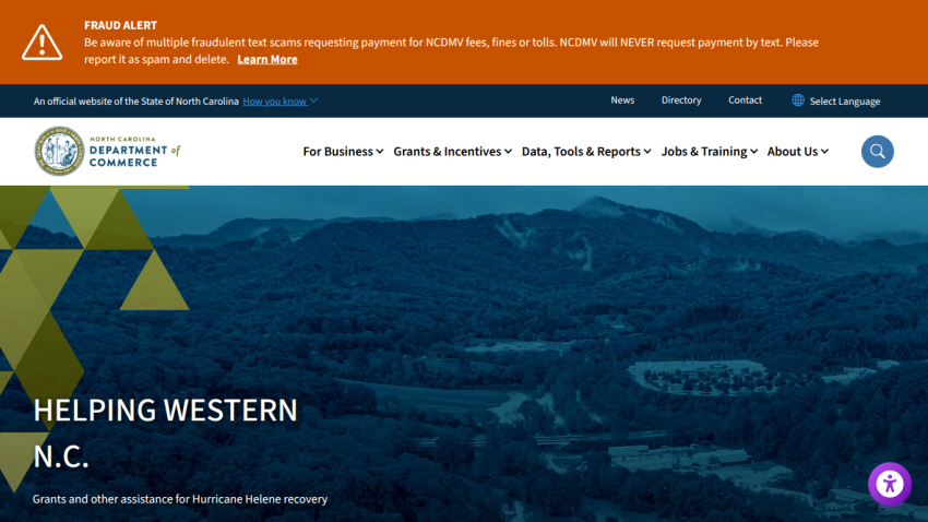 North Carolina Department of Commerce homepage with navigation and hero section about helping Western NC with Hurricane Helene recovery grants