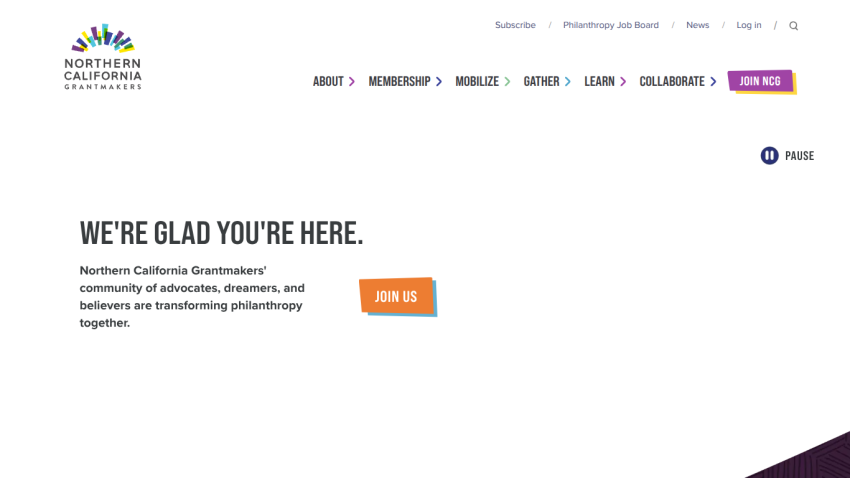 Northern California Grantmakers homepage welcoming visitors and inviting them to join the community transforming philanthropy