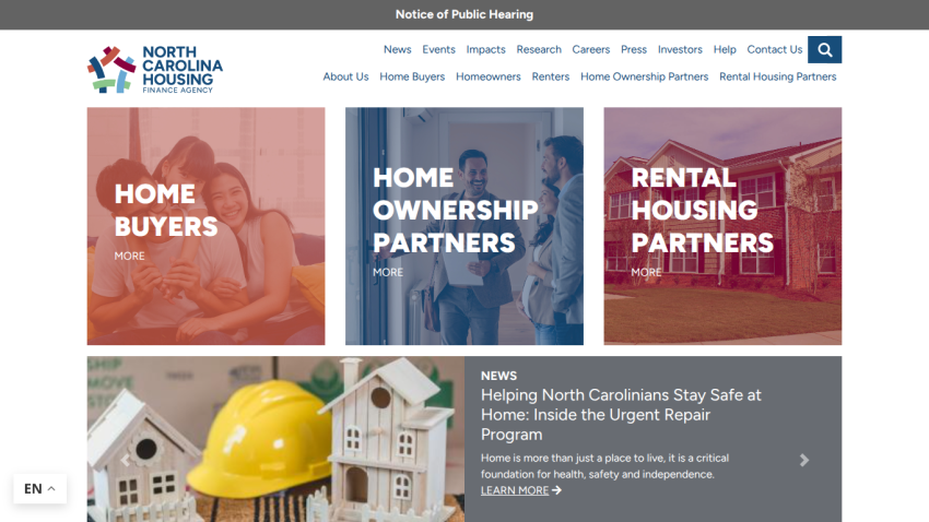 North Carolina Housing Finance Agency homepage with sections for Home Buyers, Home Ownership Partners, Rental Housing Partners, and news about urgent repair program