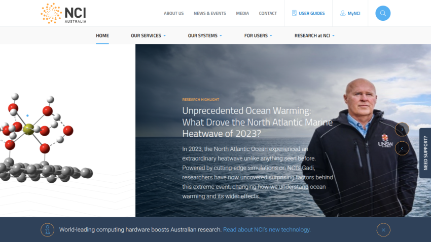 NCI Australia homepage featuring research highlight on unprecedented North Atlantic Ocean warming in 2023 with a man standing by the ocean.