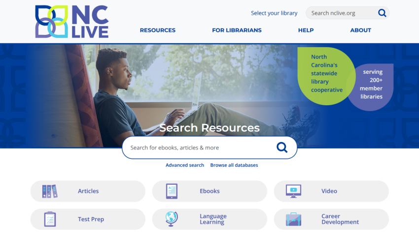 NC Live library cooperative homepage with search bar for ebooks, articles, and resources, plus navigation links