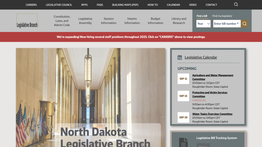 North Dakota Legislative Branch homepage featuring navigation and upcoming events.