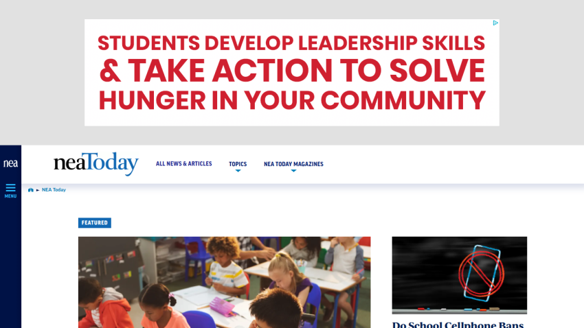 NEA Today website with featured articles on education and a Crayola Creativity Week banner