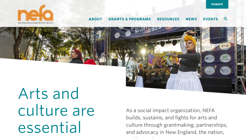 New England Foundation for the Arts homepage with mission statement and dancers performing on stage