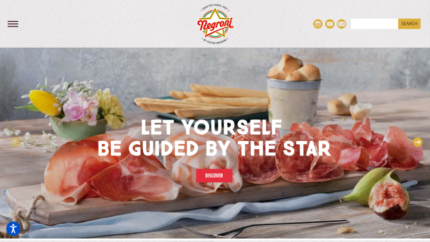 Website header with Negroni logo, navigation menu, search bar, and hero section featuring assorted cured meats and bread with text 'Let yourself be guided by the star'