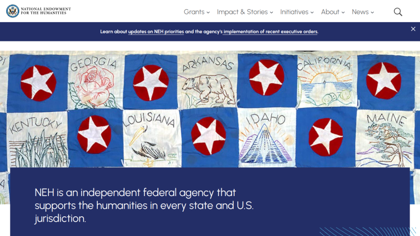 Homepage of the National Endowment for the Humanities featuring state flags and agency description.
