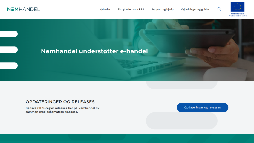Nemhandel website supporting e-commerce with updates and releases section and EU funding logo