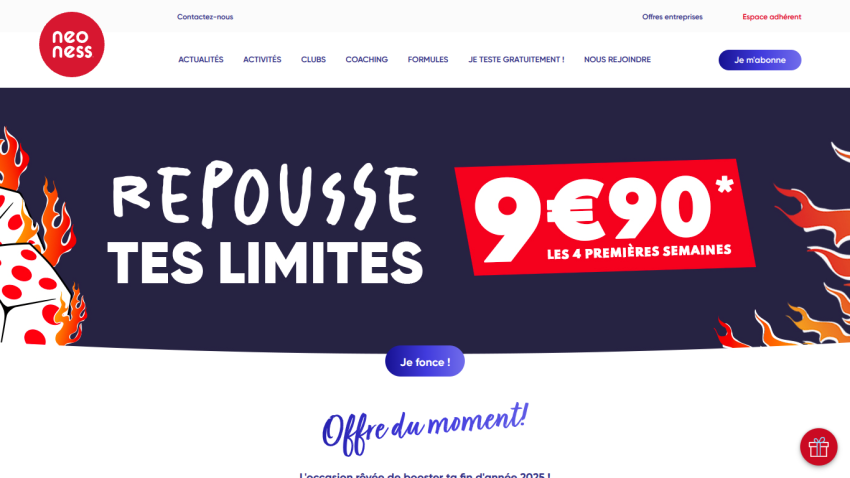 Neoness website hero section with offer 9.90€ for first 4 weeks and call to action buttons