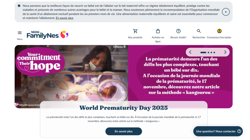 Nestlé Family Nes homepage highlighting World Prematurity Day 2025 with article on kangaroo method and baby care