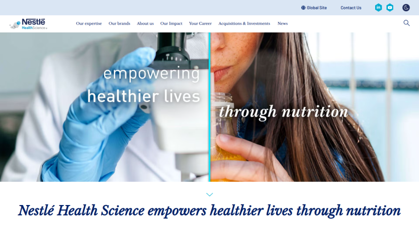 Nestlé Health Science website with navigation and hero section stating empowering healthier lives through nutrition