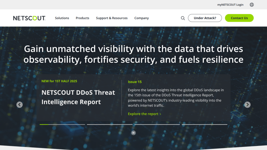 NETSCOUT homepage featuring DDoS Threat Intelligence Report with a call to explore the report.