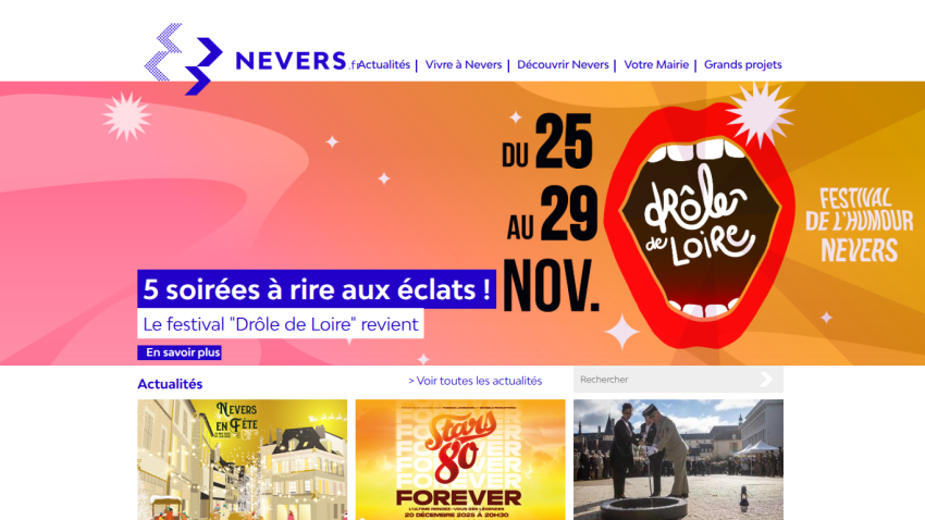 Nevers city website promoting the 'Drôle de Loire' humor festival from November 25 to 29 with news and navigation links