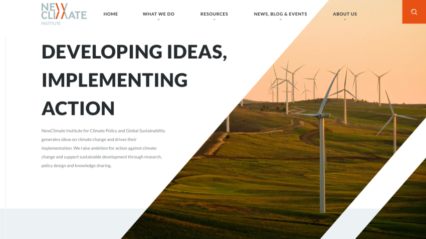 NewClimate Institute homepage with headline about developing ideas and implementing action, plus wind turbines image
