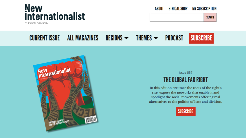 Homepage of New Internationalist featuring the current issue and subscription options.