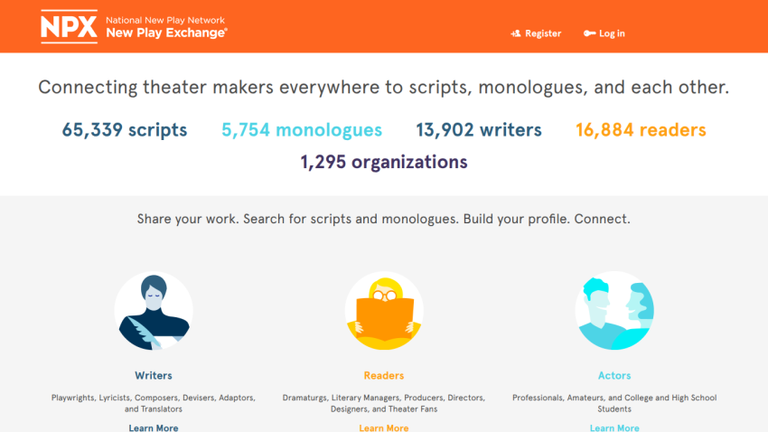 National New Play Network homepage connecting theater makers with scripts, monologues, and community features