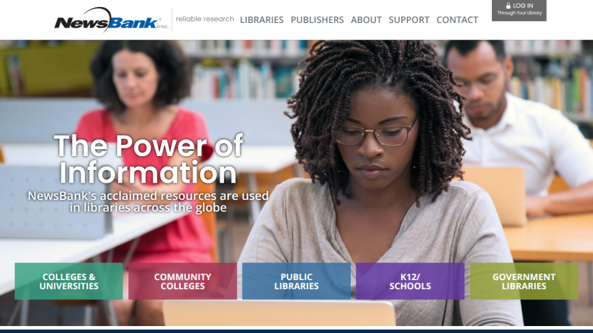 Homepage of NewsBank highlighting 'The Power of Information' with categories for libraries.