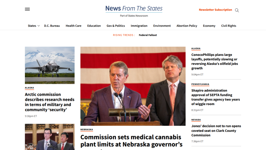 Homepage of 'News From The States' featuring articles and images related to current events.
