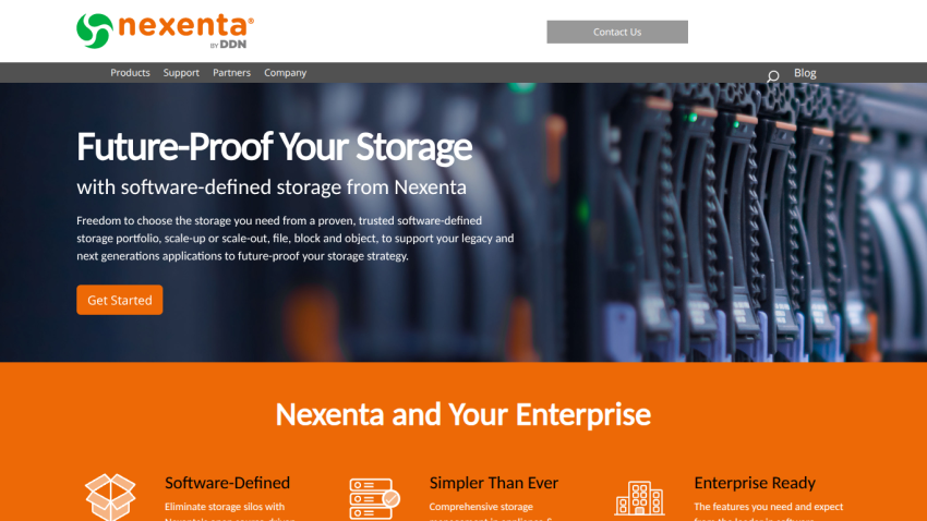 Nexenta software-defined storage solution with features for enterprise storage needs and a call to action to get started