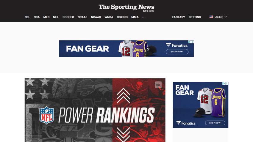 The Sporting News website header with navigation and NFL Power Rankings hero section featuring team logos.