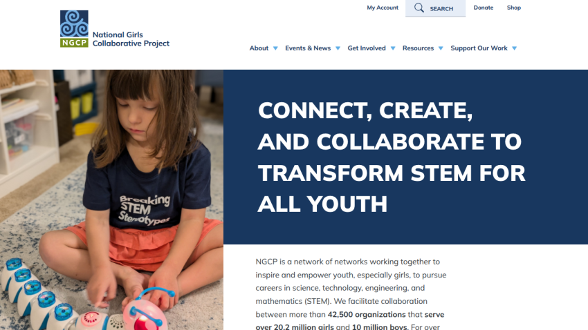 National Girls Collaborative Project homepage with a girl playing with STEM toys and text about connecting to transform STEM for youth