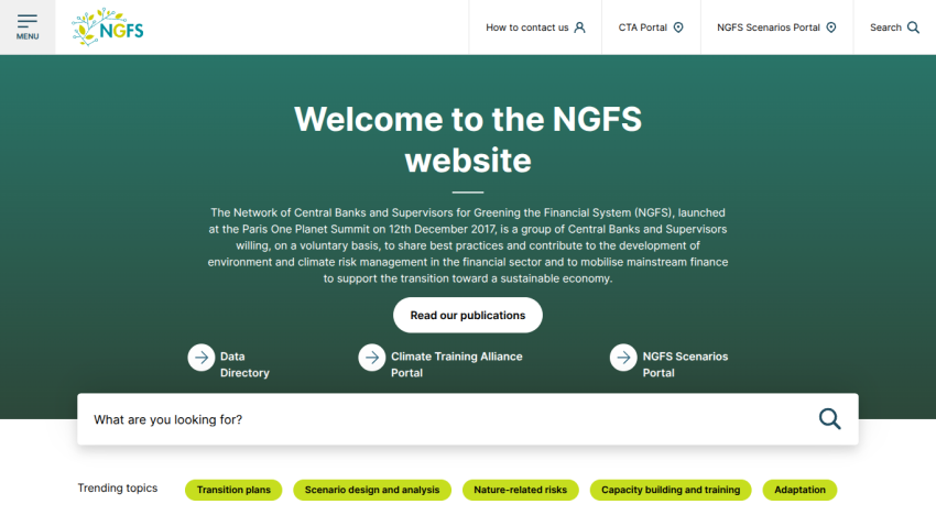 NGFS website homepage with welcome message, navigation links, search bar, and trending topics.
