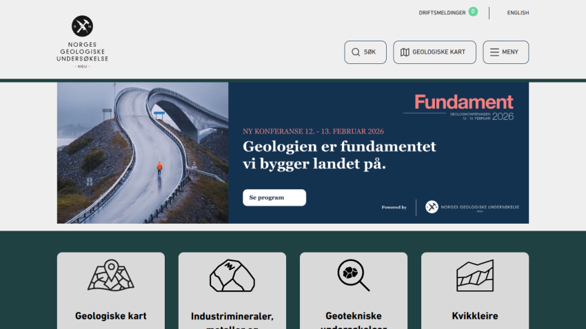 Norges Geologiske Undersøkelse homepage with conference announcement for Fundament 2026 and navigation options for geological maps and minerals.