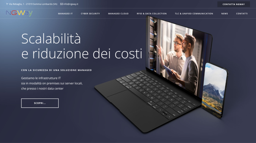 NGWay homepage with navigation menu and hero section promoting scalable, cost-reducing managed IT solutions