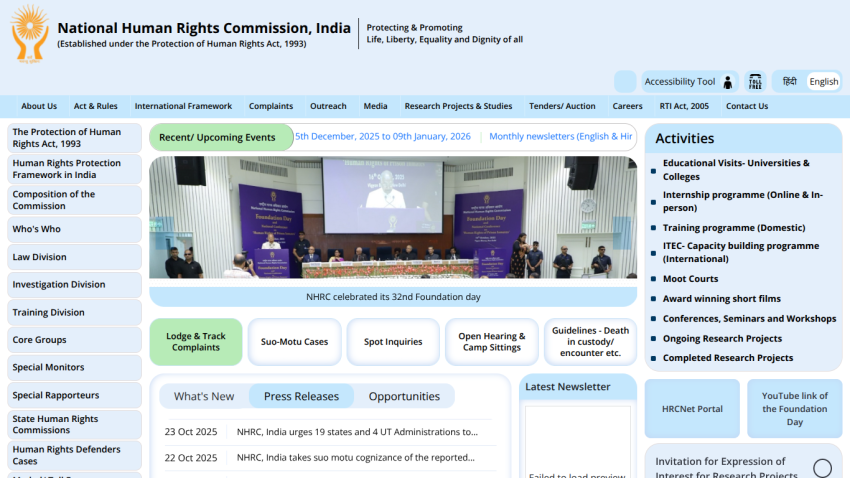 National Human Rights Commission India homepage with navigation, hero image of Foundation Day event, and sections on complaints, activities, and news