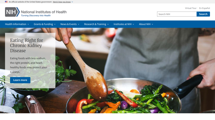NIH homepage promoting healthy eating for chronic kidney disease with a cooking image.