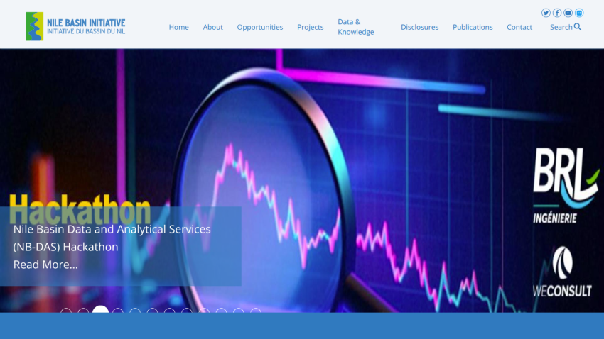 Nile Basin Initiative website featuring a Hackathon announcement with data analytics theme and navigation menu