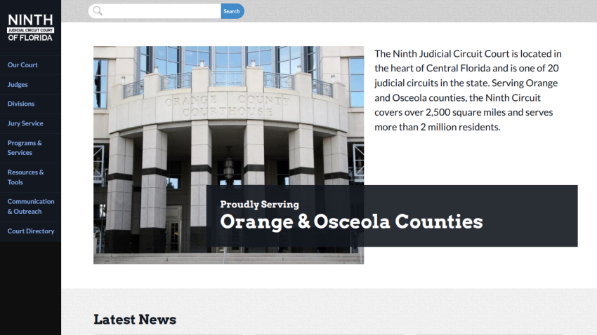 Ninth Judicial Circuit Court homepage showing courthouse image and info about serving Orange and Osceola Counties