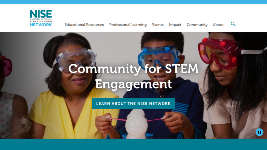 NISE Network homepage promoting community for STEM engagement with a call to learn about the network
