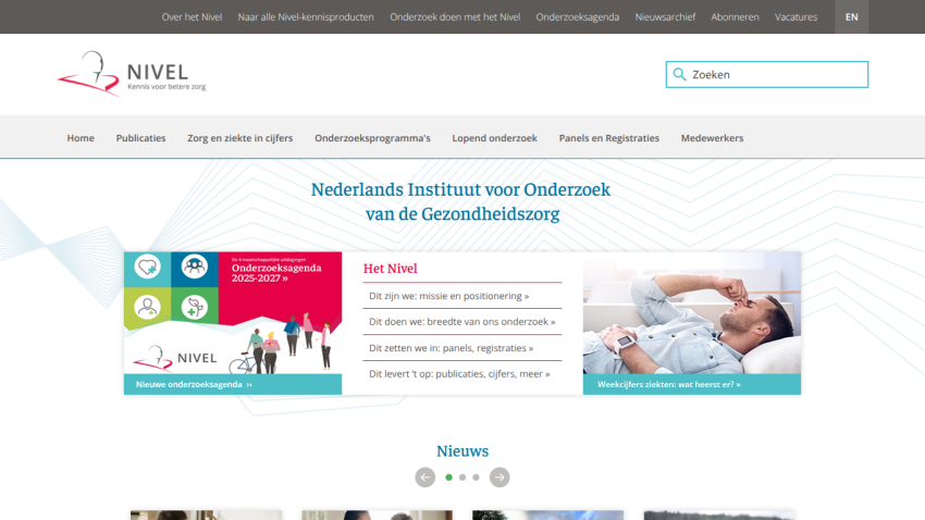 Homepage of Nederlands Instituut voor Onderzoek van de Gezondheidszorg with navigation, hero banner, and news section