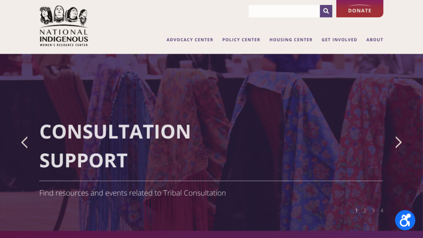 National Indigenous Women's Resource Center homepage with navigation and hero section about consultation support