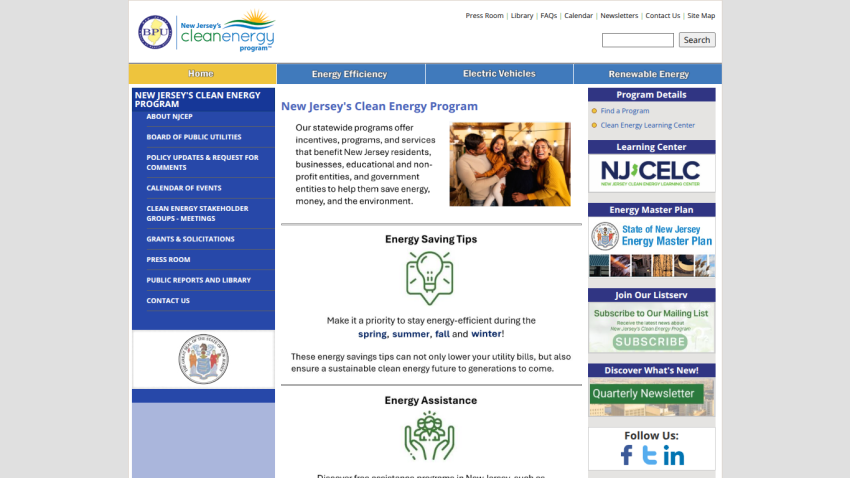 New Jersey's Clean Energy Program homepage with navigation, program overview, energy saving tips, and subscription options