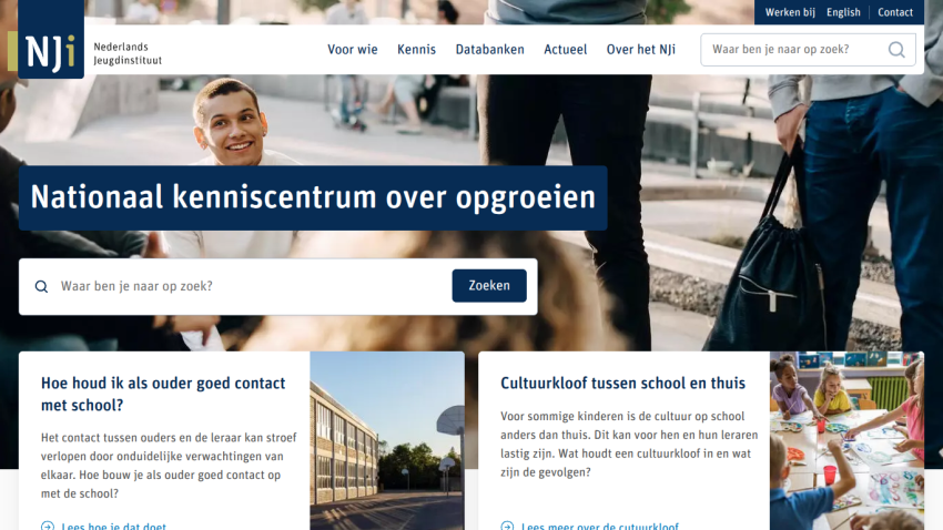 Homepage of a national knowledge center about upbringing with a search bar and featured articles.