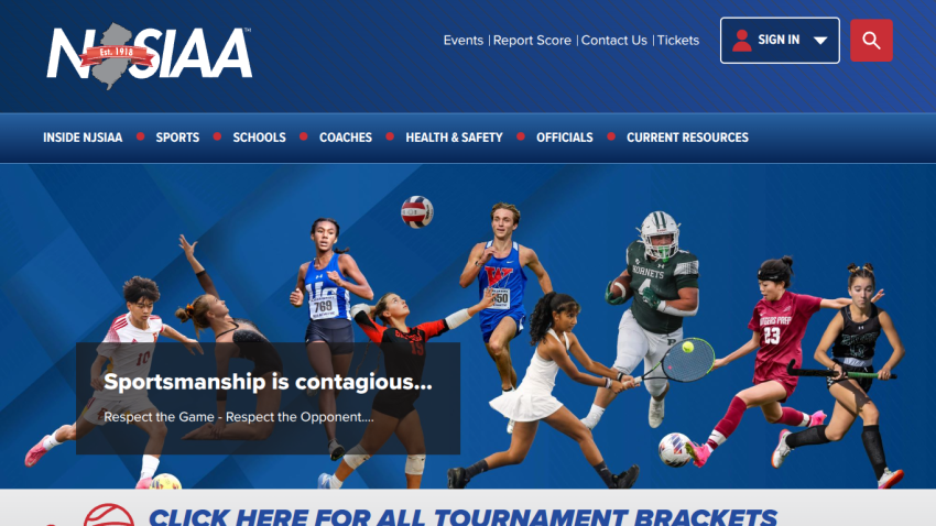 NJSIAA sports website with navigation and hero section promoting sportsmanship featuring athletes in various sports