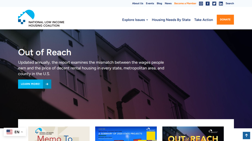 Homepage of National Low Income Housing Coalition featuring 'Out of Reach' report and call to action button.