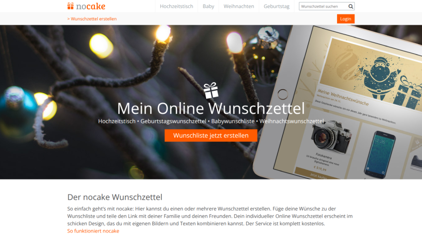 Online wishlist service for weddings, birthdays, baby, and Christmas with call-to-action to create a wishlist