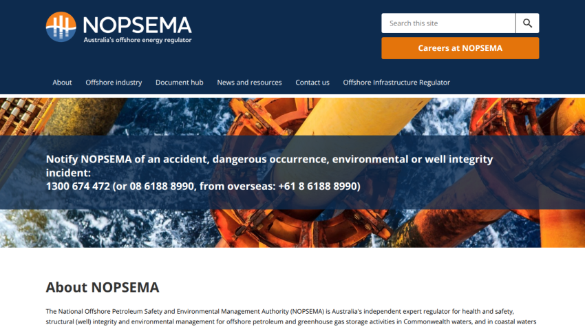 NOPSEMA homepage with navigation, search, and alert for reporting offshore energy incidents