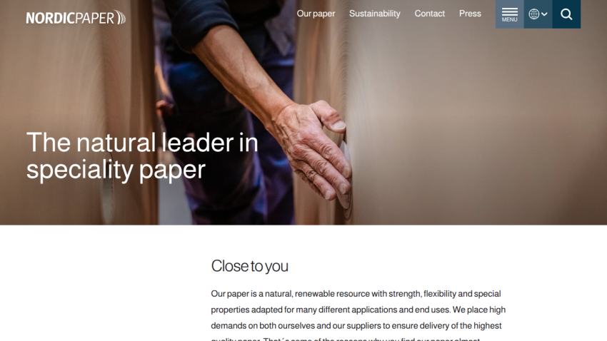 Nordic Paper homepage with headline 'The natural leader in speciality paper' and navigation links