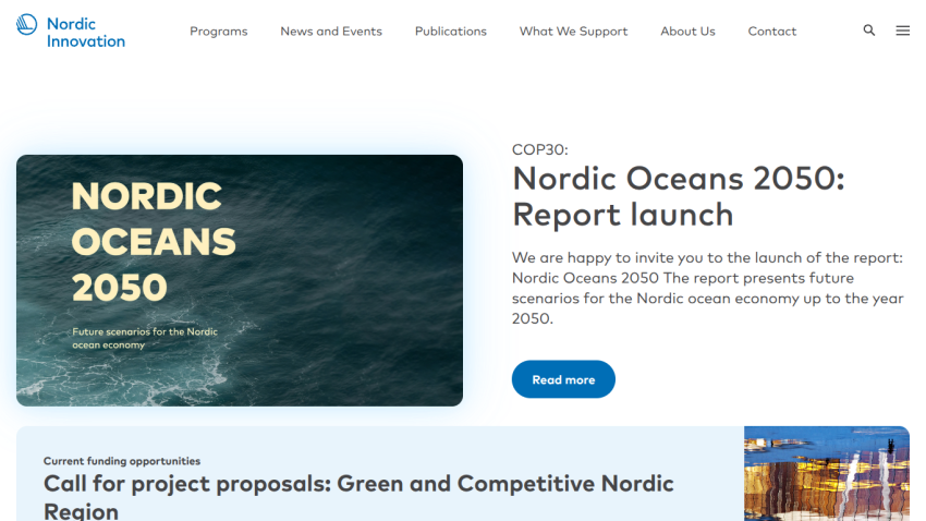 Nordic Innovation website featuring Nordic Oceans 2050 report launch and call for project proposals in the Nordic region