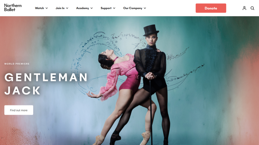Northern Ballet website featuring world premiere of Gentleman Jack with dancers in costume and navigation menu