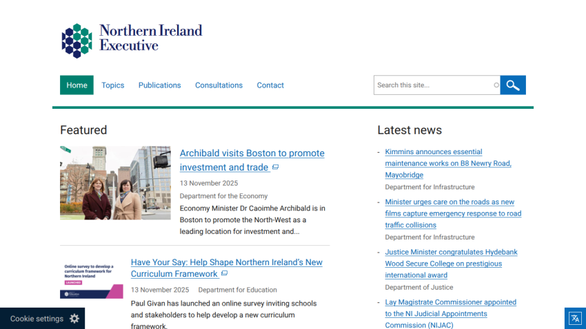 Northern Ireland Executive homepage with featured news on investment promotion and curriculum framework, plus latest news headlines