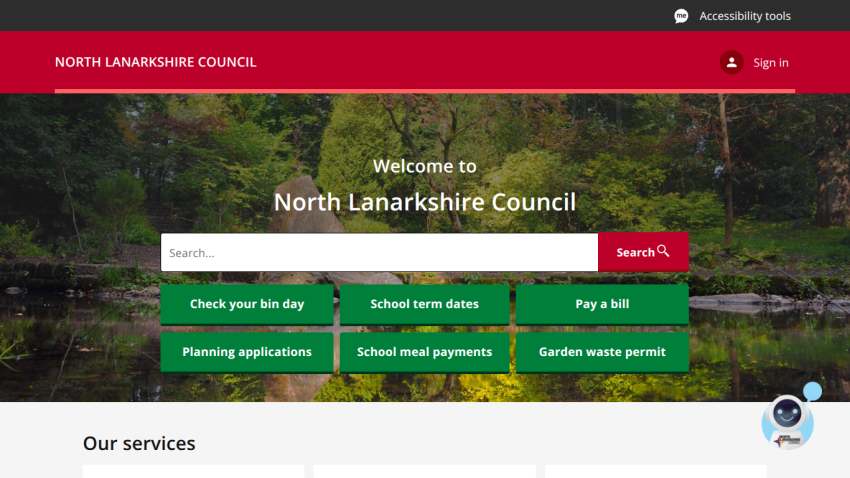 North Lanarkshire Council homepage with search bar and quick links for bin day, school dates, bills, planning, meals, and permits